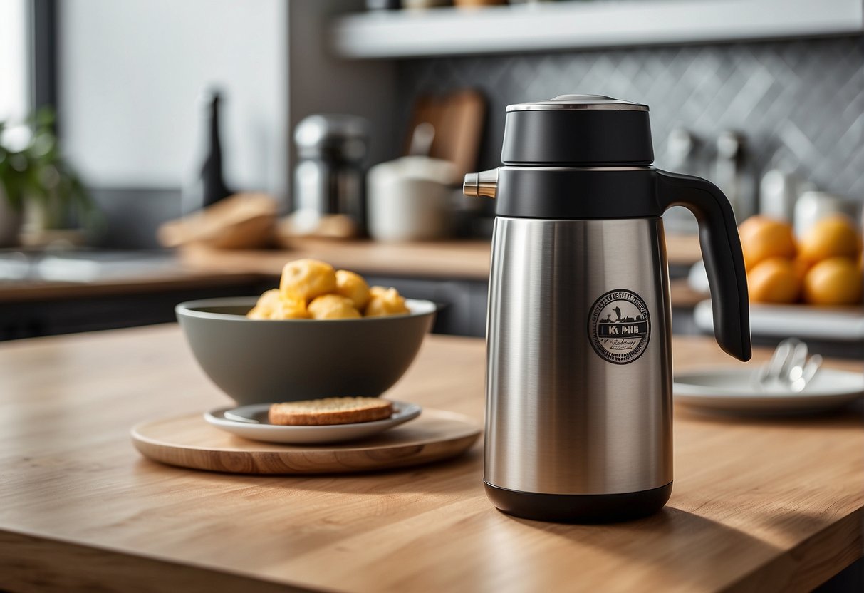 A Thermos Shuttle Chef sitting on a kitchen countertop with a promotional banner in the background, showcasing its features and benefits