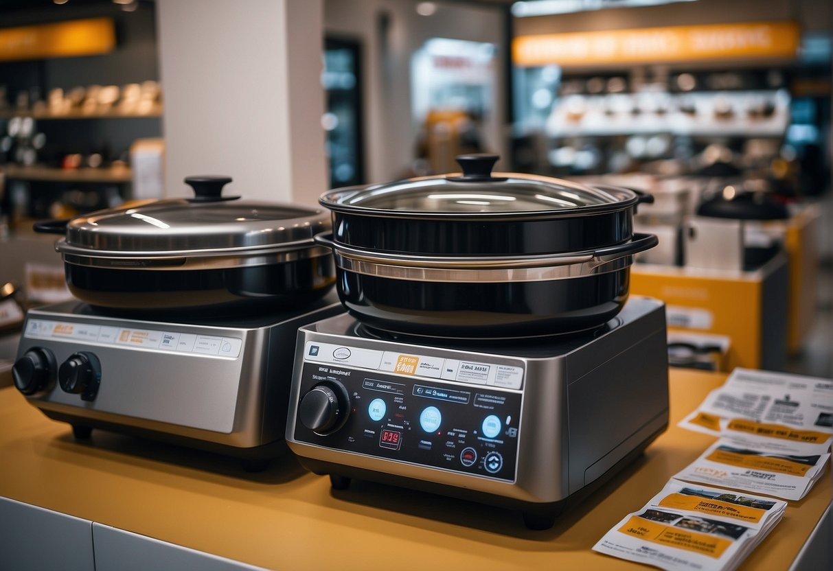 A table displaying various models of Thermal Cookers with promotional signage in a store in Singapore