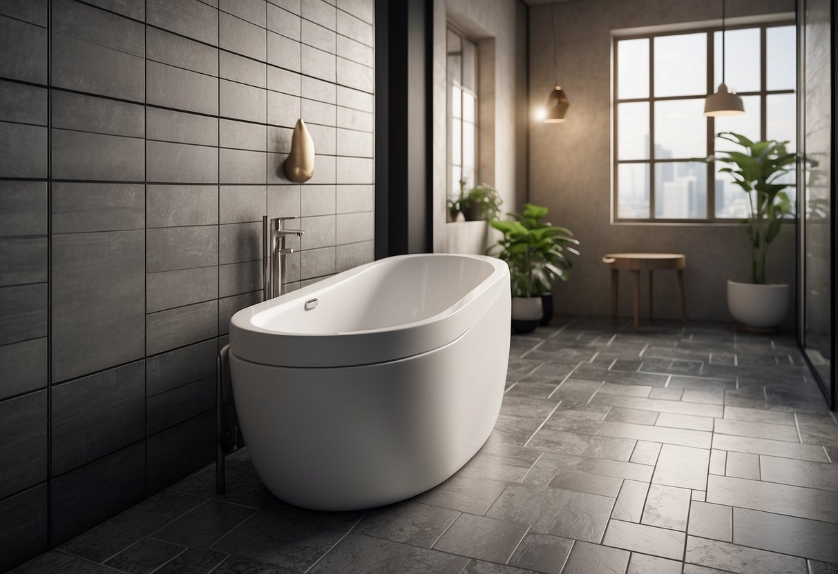 A bathroom with new tiles, modern fixtures, and a promotional banner for toilet renovation services in Singapore