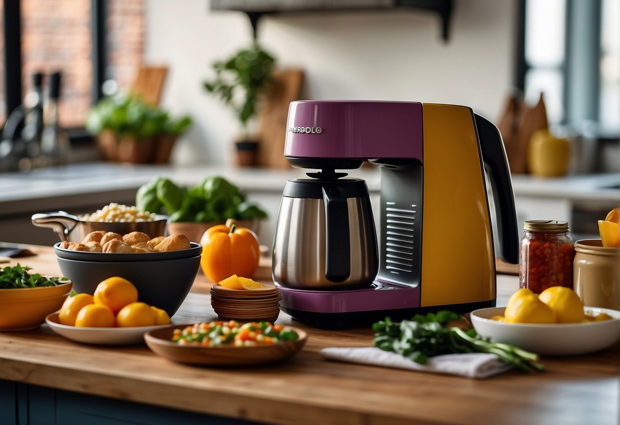 A colorful kitchen scene with a Thermos Shuttle Chef surrounded by cooking utensils, fresh ingredients, and a computer displaying exclusive online deals
