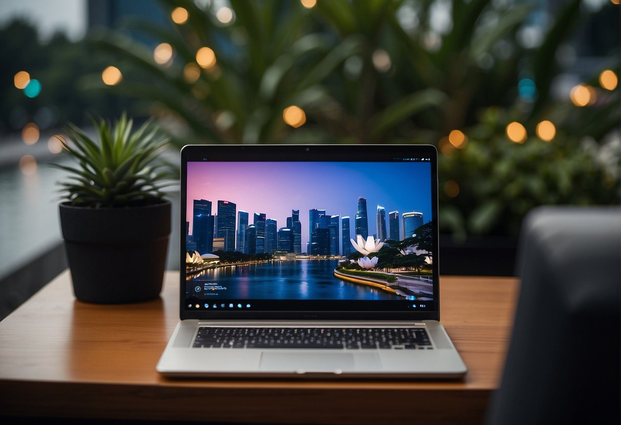 A laptop displaying trip.com promotions with a Singapore backdrop