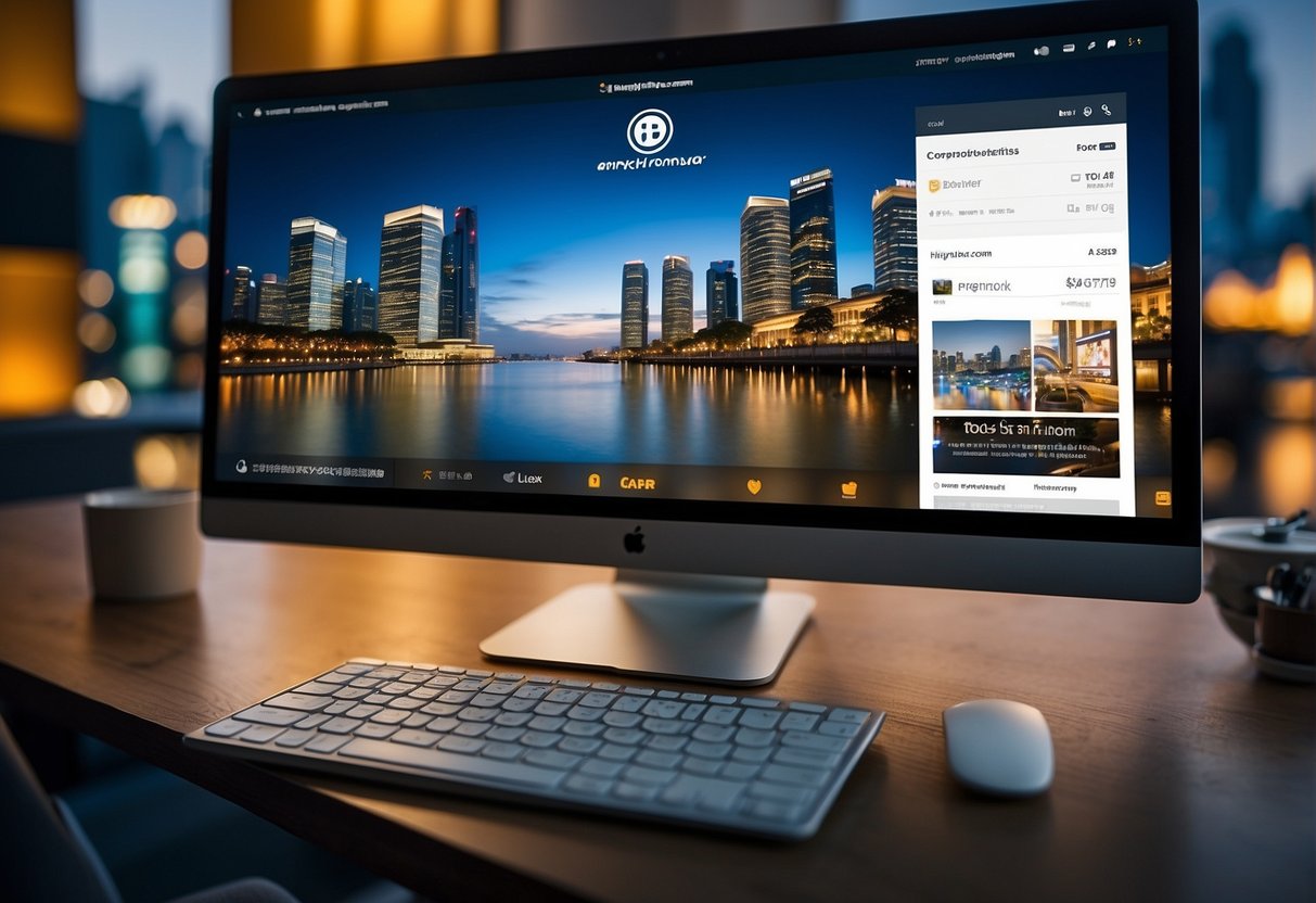 A computer screen displaying the trip.com website with a banner advertising promotions in Singapore, surrounded by frequently asked questions