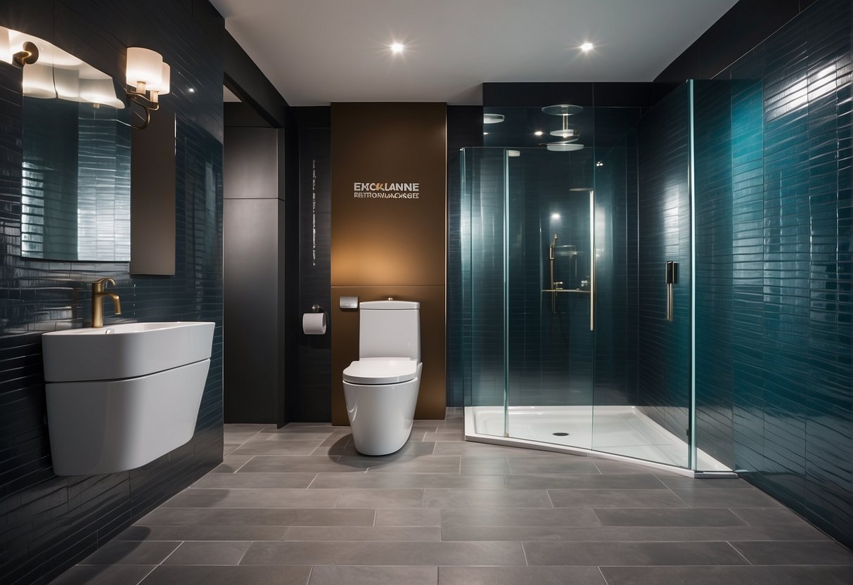 A sleek, modern toilet with new fixtures and stylish tiles. Bold signage advertises renovation packages