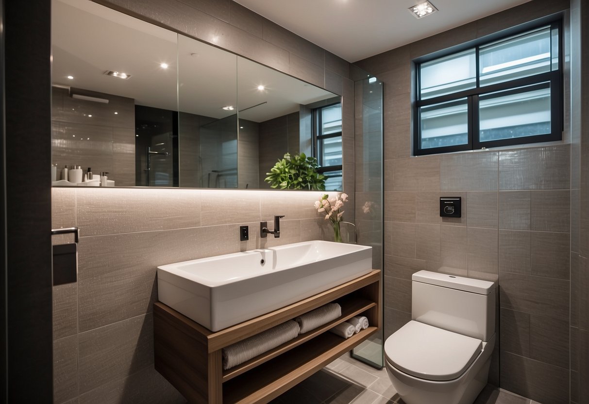 A bathroom with modern fixtures and tiles, surrounded by promotional banners for toilet renovation services in Singapore