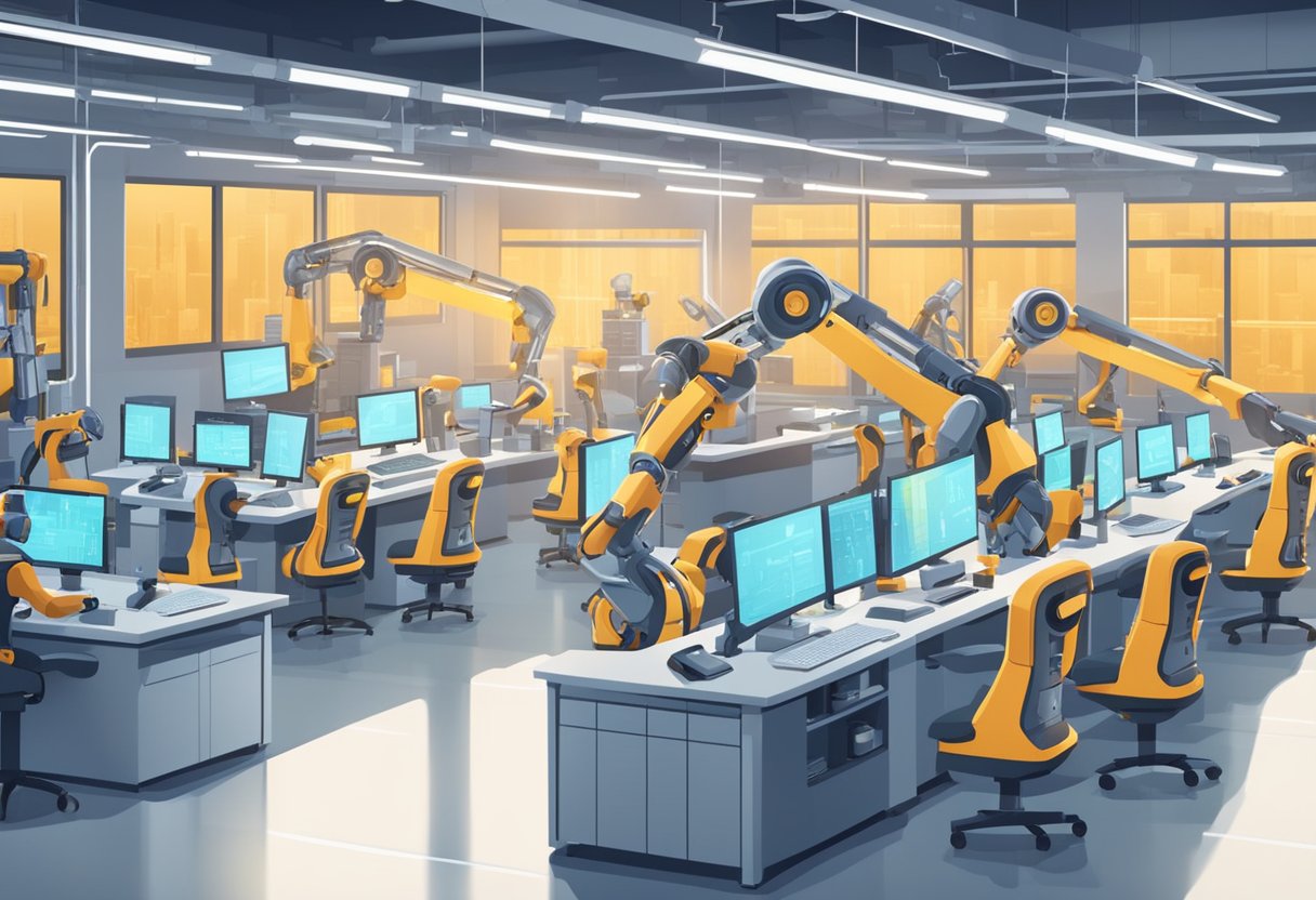 Robotic arms assembling products in a high-tech factory. Researchers analyzing data and developing algorithms in a futuristic lab setting