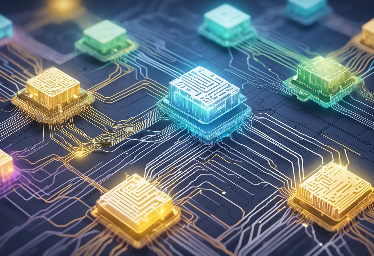 An array of interconnected circuits and nodes, with data flowing through them, as they work together to develop and program artificial intelligence