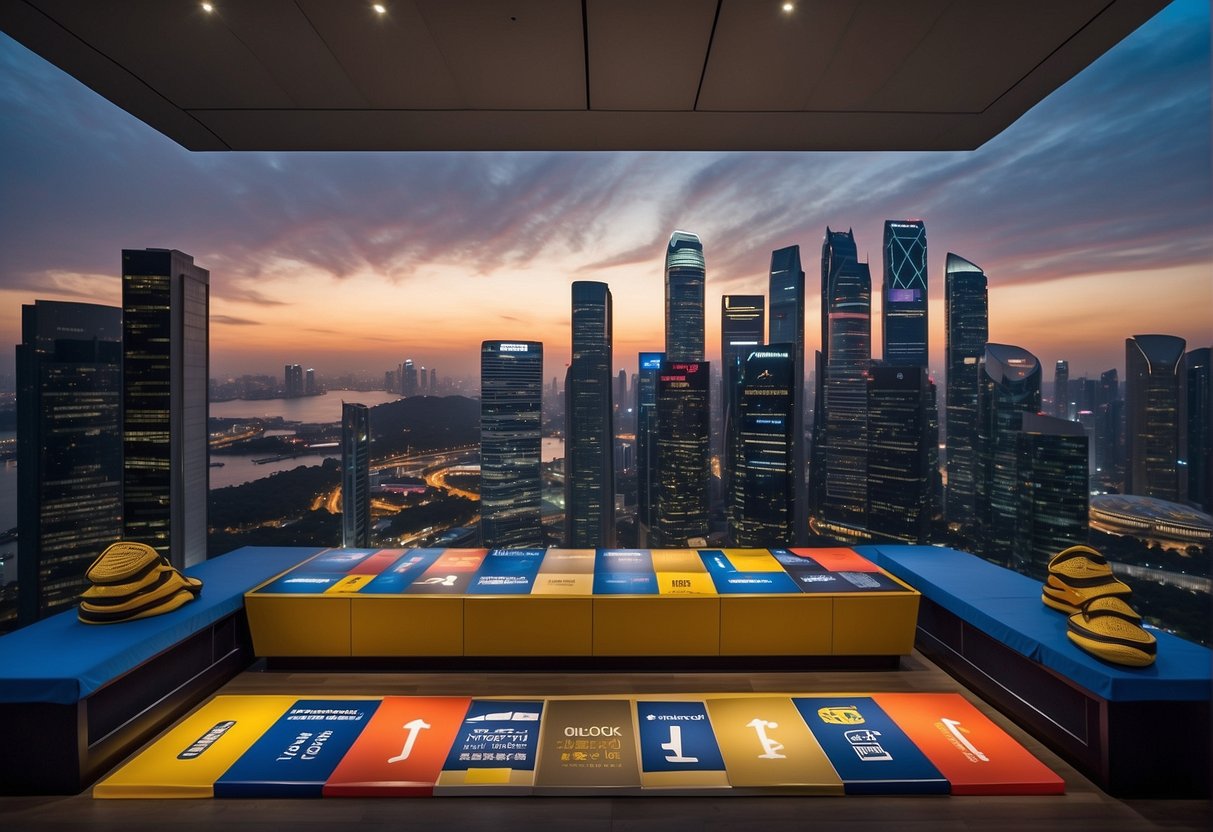 A vibrant display of Under Armour products, with bold signage and attractive promotions, set against the backdrop of Singapore's iconic skyline