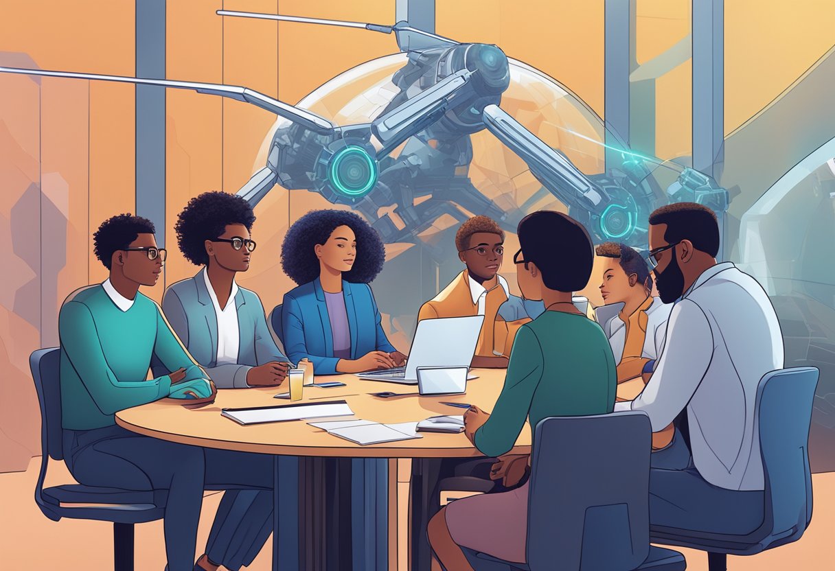 A group of diverse individuals engage in a discussion around a table, surrounded by futuristic technology and AI algorithms