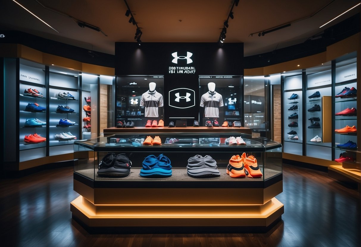 Brightly lit store display with prominent Under Armour branding, showcasing latest promotions and products