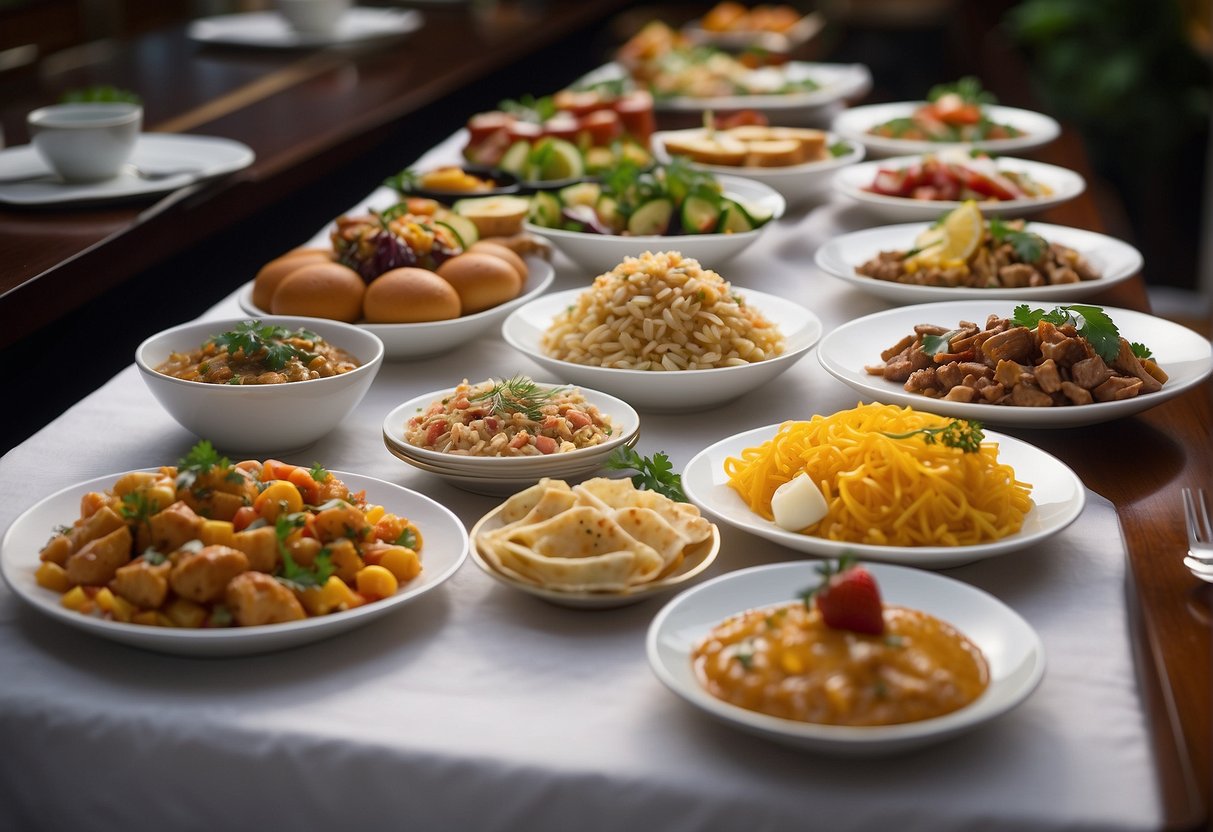 A lavish spread of international cuisine at a Westin hotel buffet in Singapore, with colorful dishes and elegant table settings