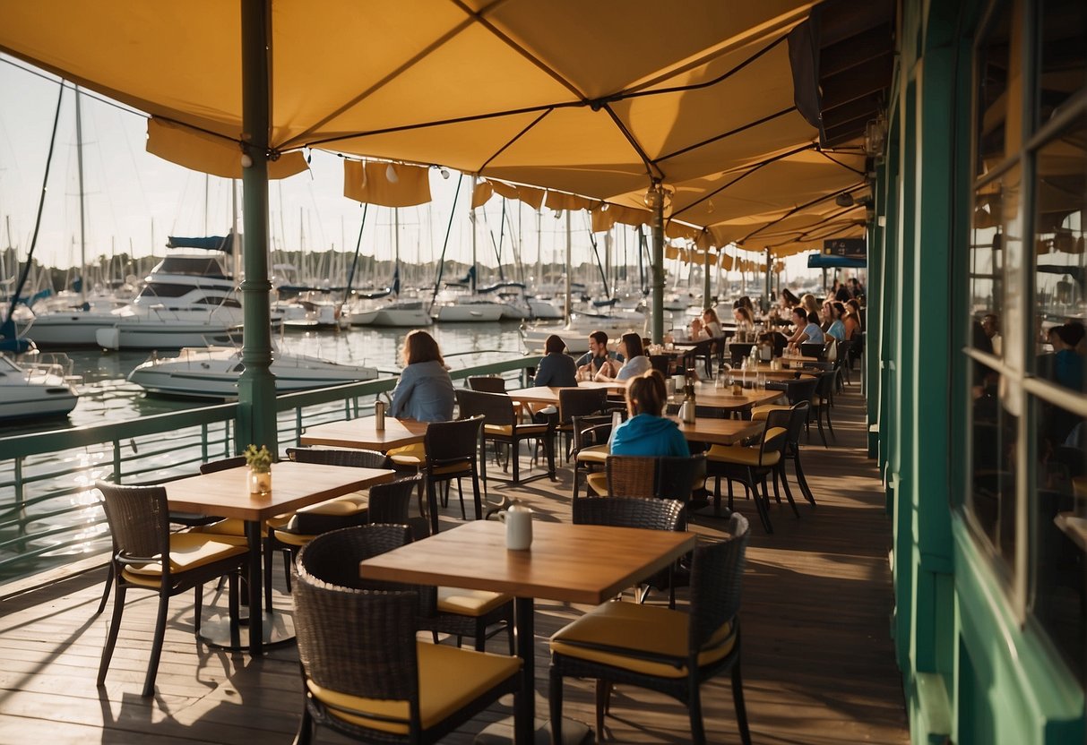 Marina-side restaurants bustling with 2024 promotions. Colorful banners and signs, happy diners enjoying special offers. Waterfront views and lively atmosphere