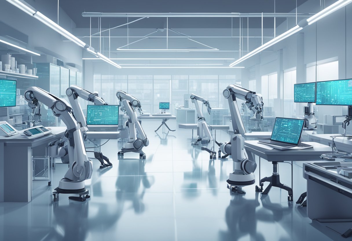 Robotic arms assemble futuristic AI circuitry in a sleek, sterile laboratory. Advanced technology hums in the background as the AI system comes to life