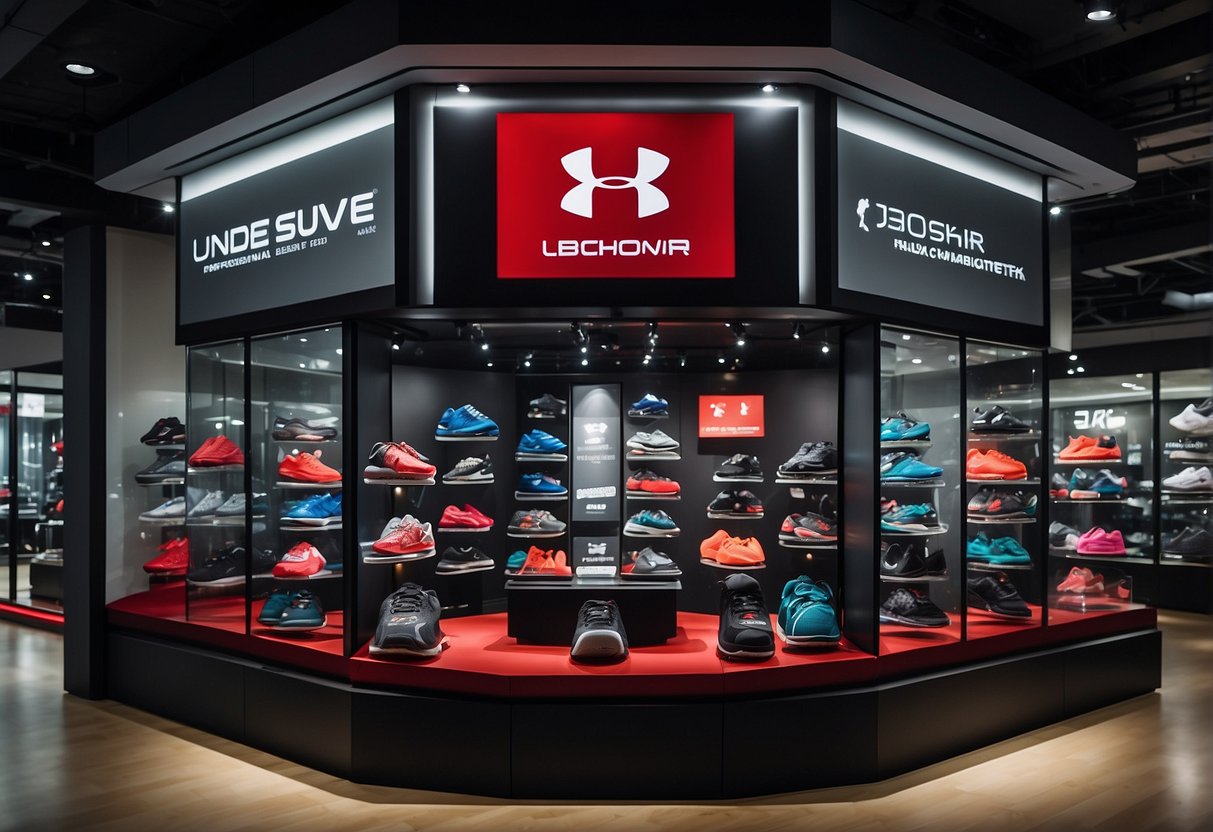 A display of Under Armour products with "Exclusive Discounts" signage in a Singapore store