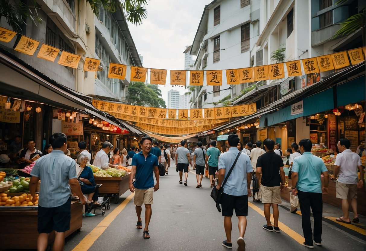 A bustling street in Singapore with colorful banners for Yantra promotions hanging from storefronts. The vibrant atmosphere is filled with energy and excitement