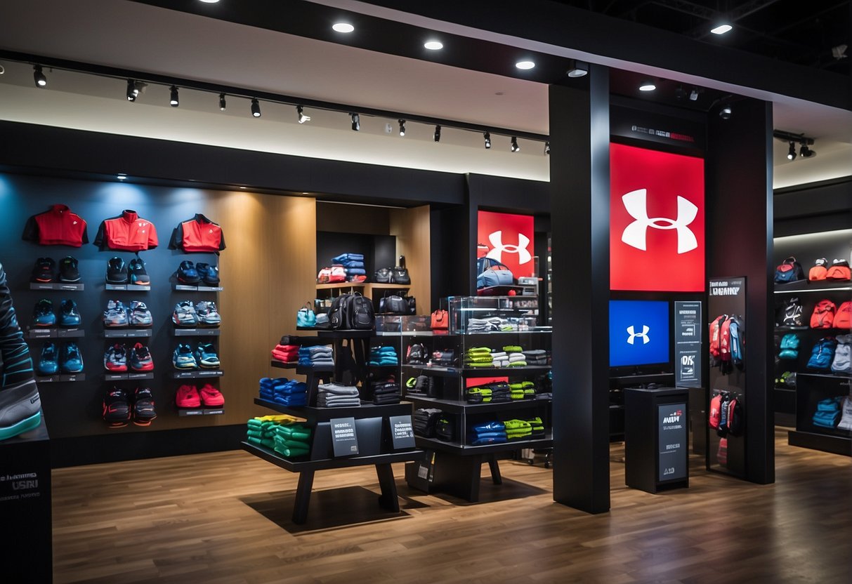 A display of Under Armour promotions in Singapore, with various products and signage, attracts customer attention
