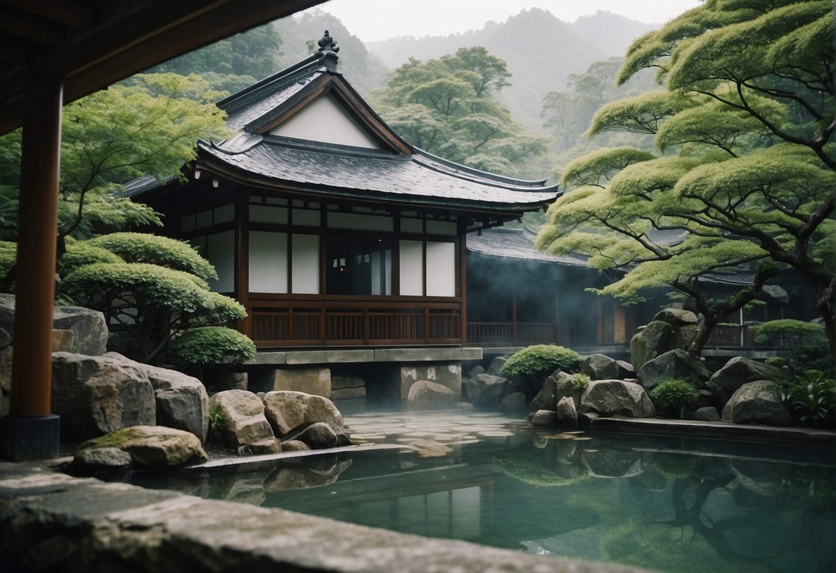 A serene Japanese onsen with traditional architecture and lush greenery, surrounded by tranquil pools and steam rising from the hot springs