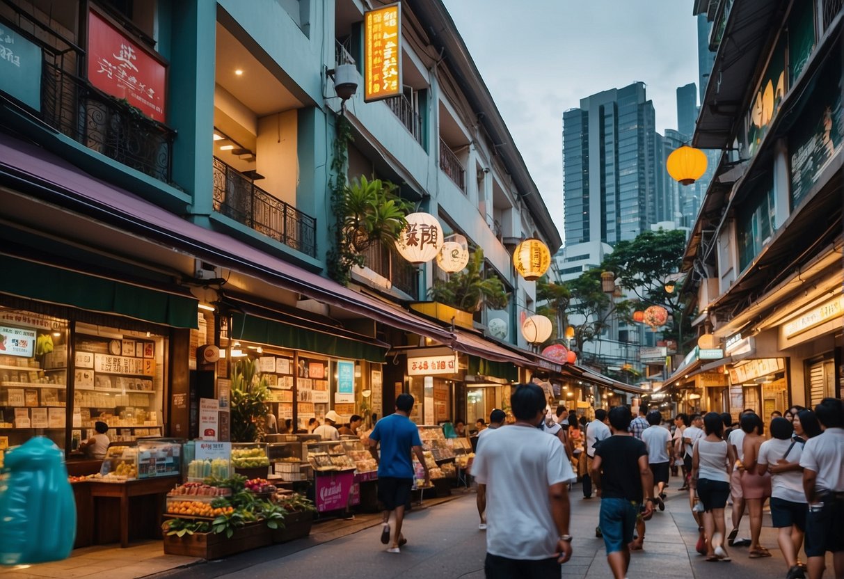 A bustling street in Wooloomooloo, Singapore, with colorful promotions and advertisements lining the storefronts