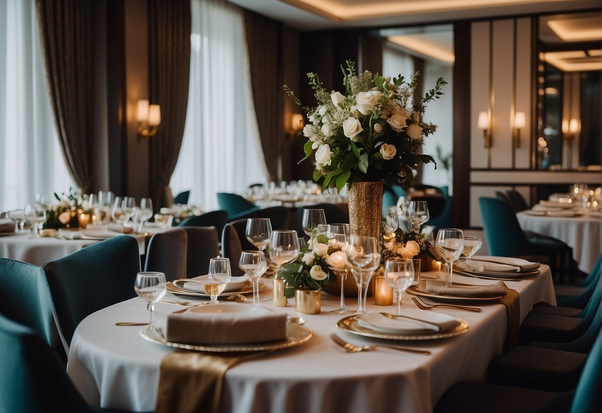A lavish hotel room with a sleek dining area, adorned with elegant table settings and luxurious decor. A menu featuring gourmet dishes and drinks is displayed, creating an atmosphere of indulgence and sophistication