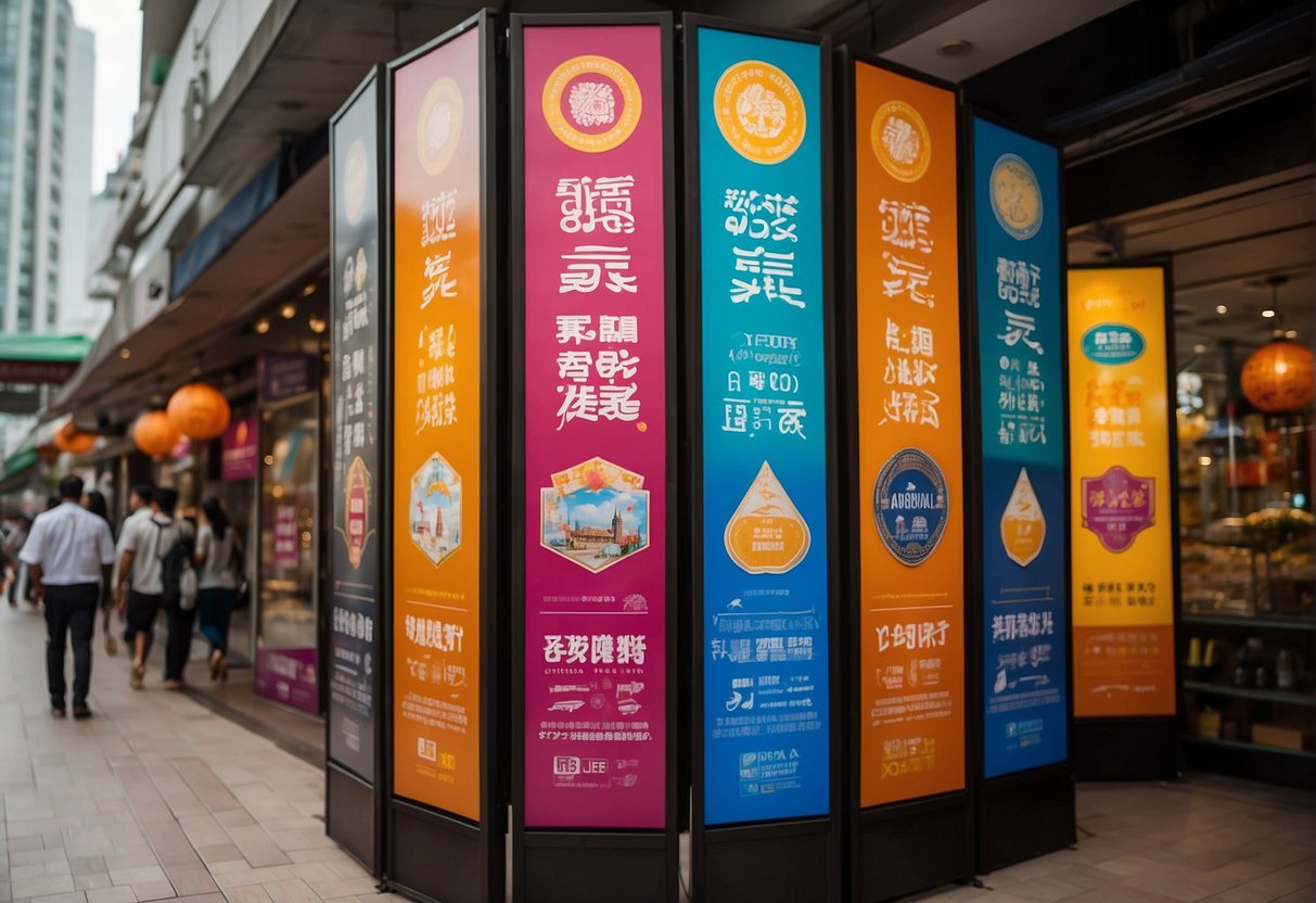 A vibrant display of promotional banners and signs for Yantra Promotions in Singapore