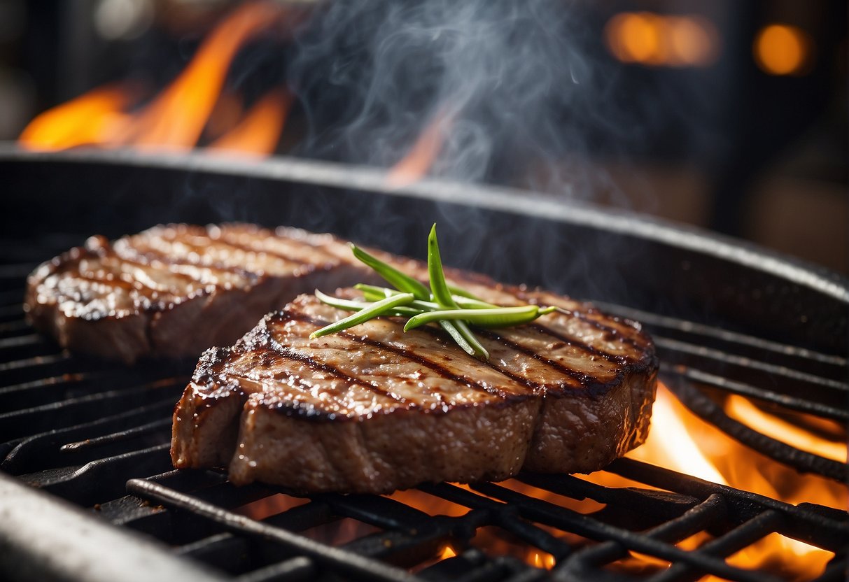 A sizzling steak on a grill with a sign showcasing Wooloomooloo's current promotions in a bustling Singapore steakhouse