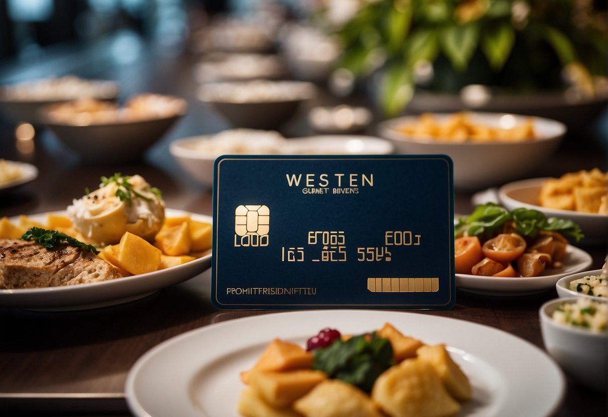 A luxurious bank card is showcased next to a delectable buffet spread at the Westin in Singapore, with elegant signage promoting exclusive promotions for gourmet diners