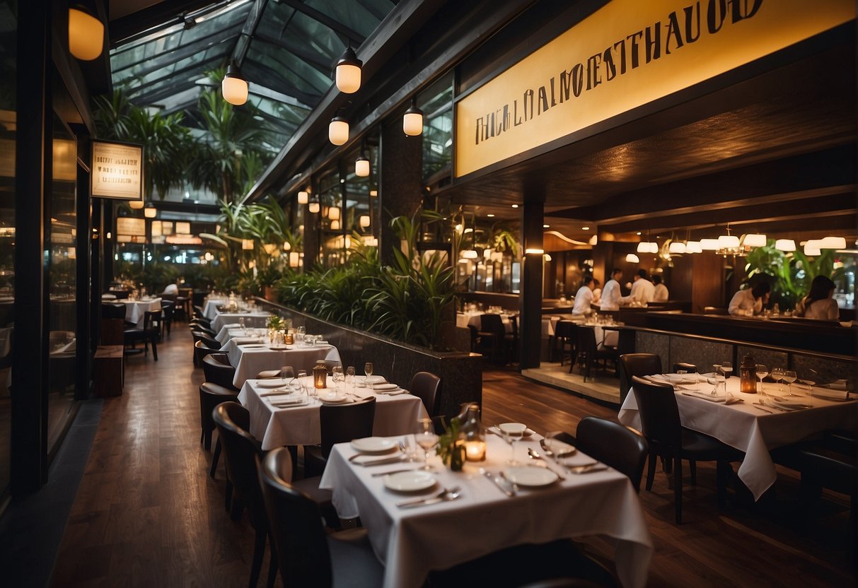 A bustling Wooloomooloo Steakhouse in Singapore, with vibrant promotional banners and happy diners enjoying their meals