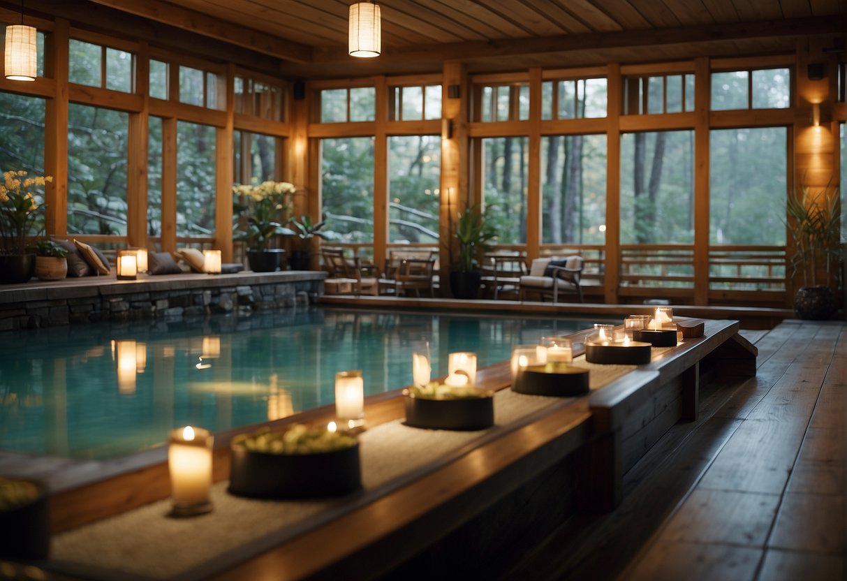 A tranquil onsen and spa with promotional signs and offers displayed. Peaceful ambiance and luxurious amenities create an inviting atmosphere
