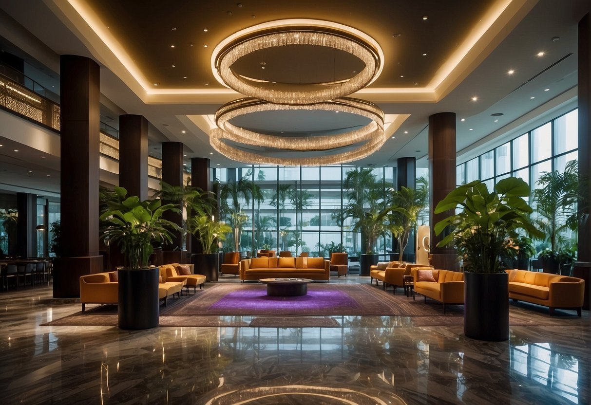 A vibrant hotel lobby with a prominent "Frequently Asked Questions" display showcasing various promotions for w hotel in Singapore