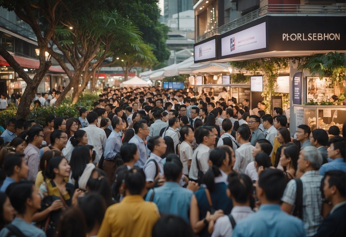 A crowded promotional event in Wooloomooloo, Singapore, with people asking questions at information booths and promotional displays
