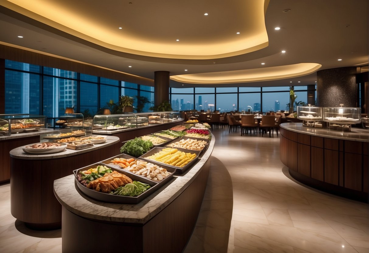 A bustling buffet restaurant at Westin Singapore, with colorful food displays and signage promoting special promotions
