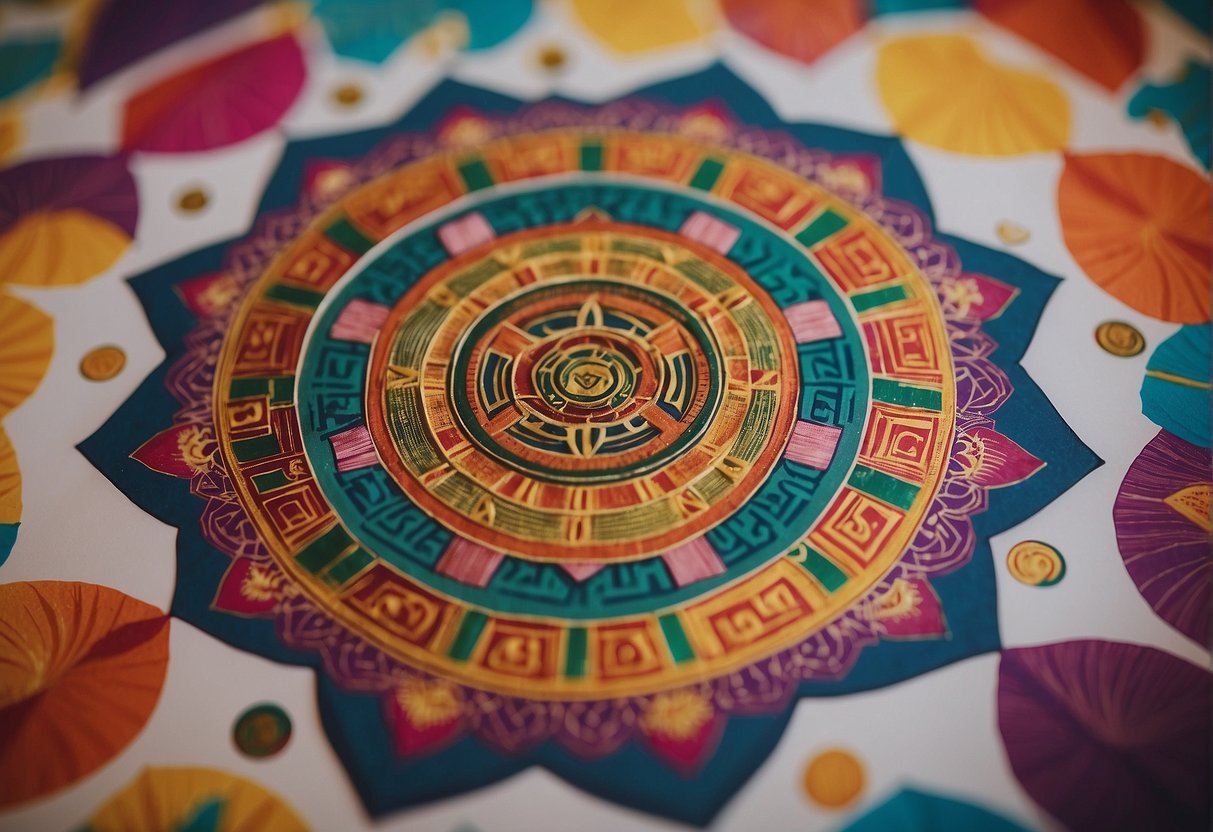 A colorful Yantra symbol surrounded by promotional materials in Singapore
