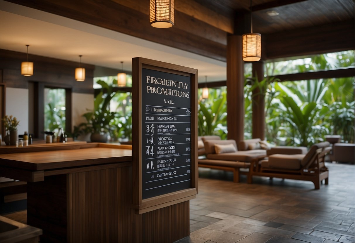 A signboard displaying "Frequently Asked Questions" and "Yunomori Onsen Promotions Singapore" in a spa setting with calming decor and natural elements