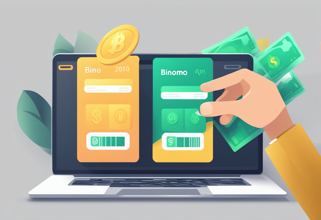 A hand reaches for a binomo coupon code, while another hand makes a deposit into the binomo account. The screen shows a binomo tutorial and trading signals