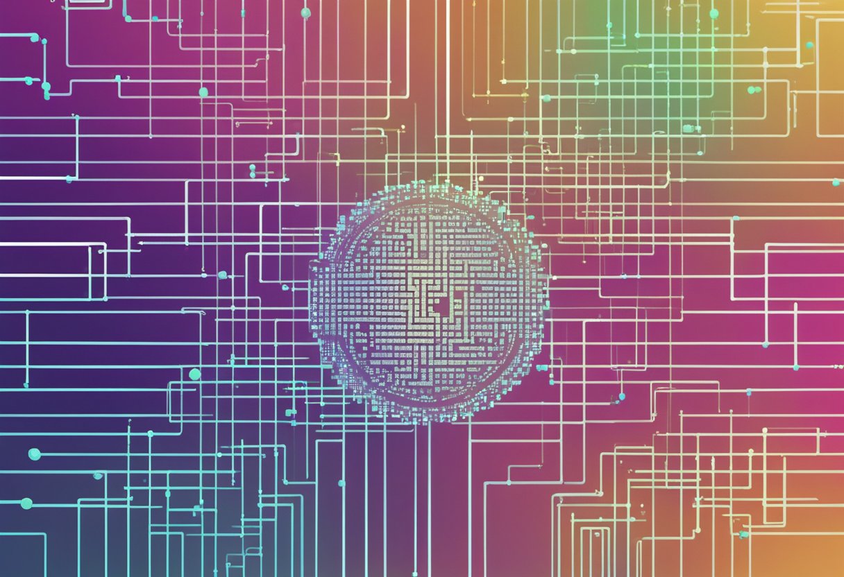 A computer screen displays a series of interconnected blocks representing the blockchain. A digital currency symbol hovers above, surrounded by binary code