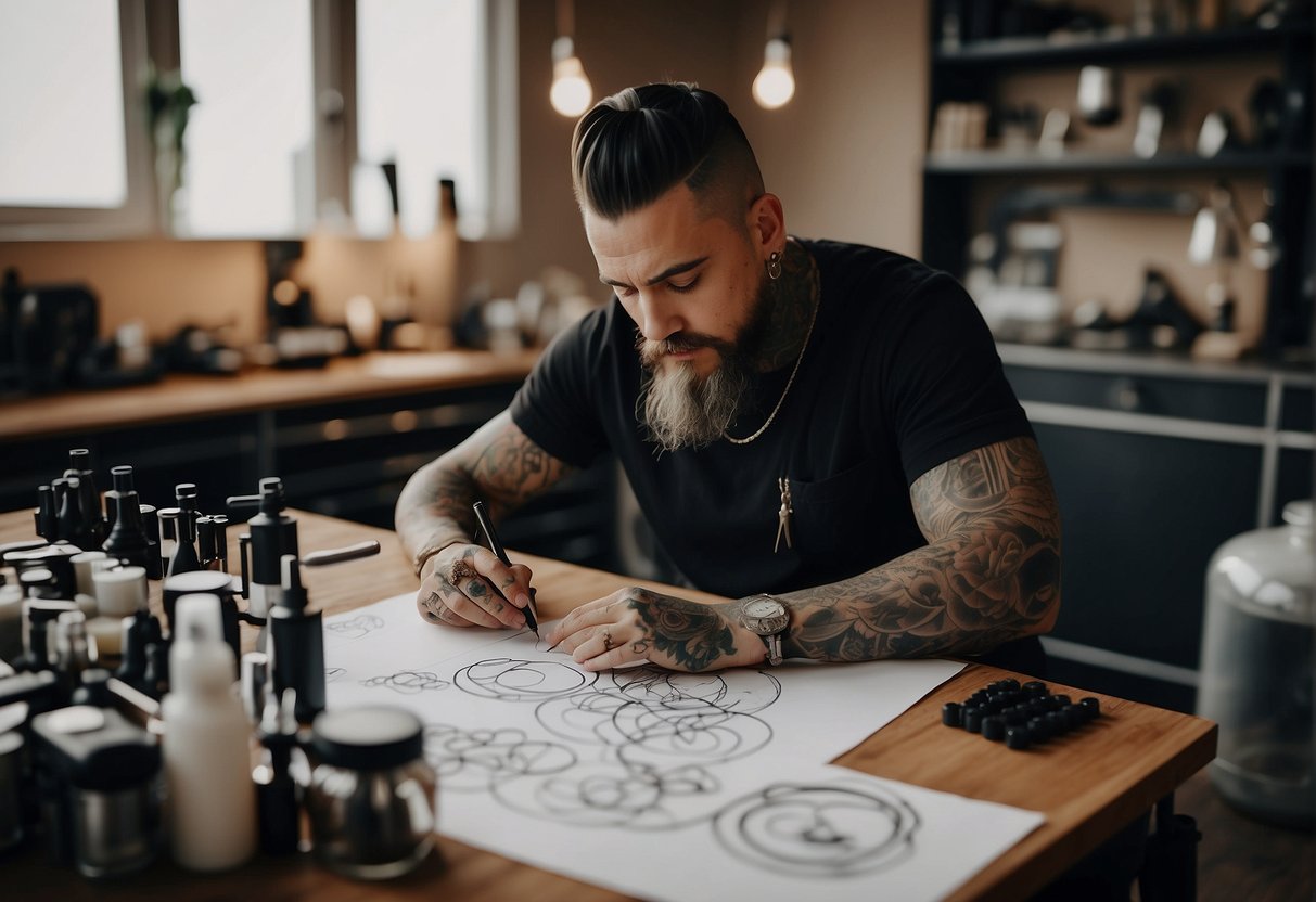 A tattoo artist sketching designs on a blank canvas, surrounded by various tattoo machines, ink bottles, and reference books
