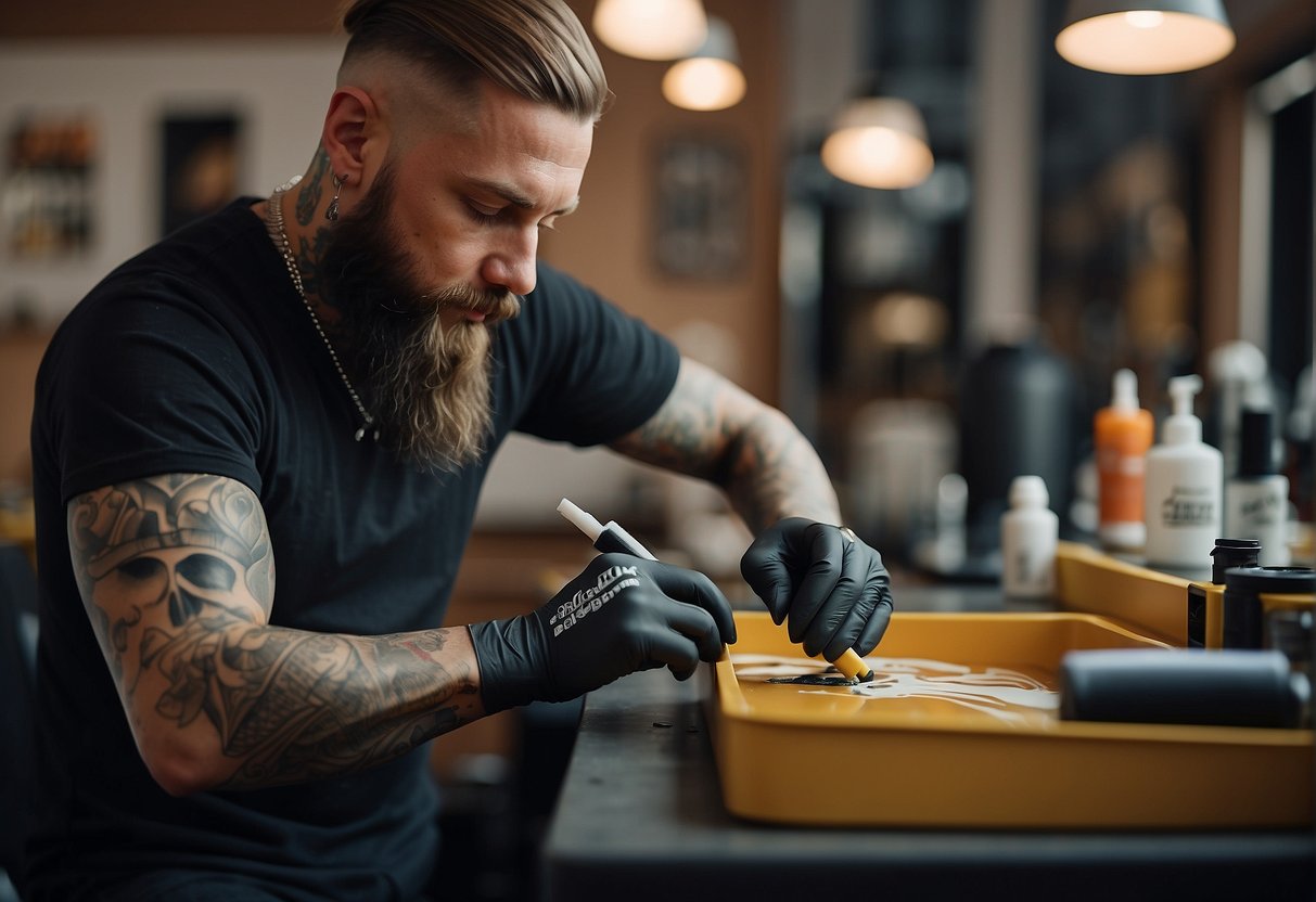 A tattoo artist carefully cleans and applies ointment to a freshly inked design, ensuring its vibrant colors and sharp lines