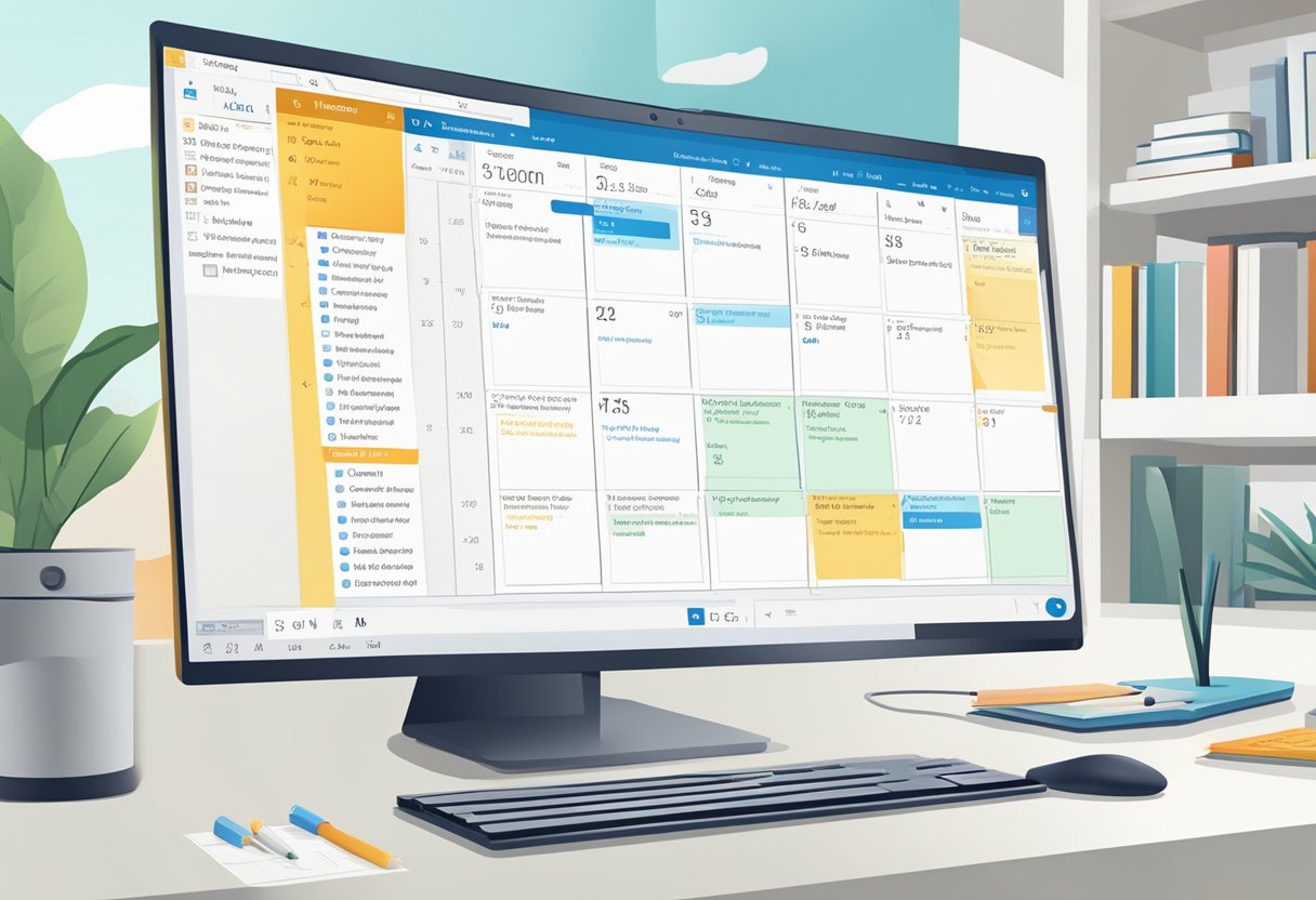 A computer screen displaying an organized Outlook calendar with a pop-up reminder for a scheduled meeting
