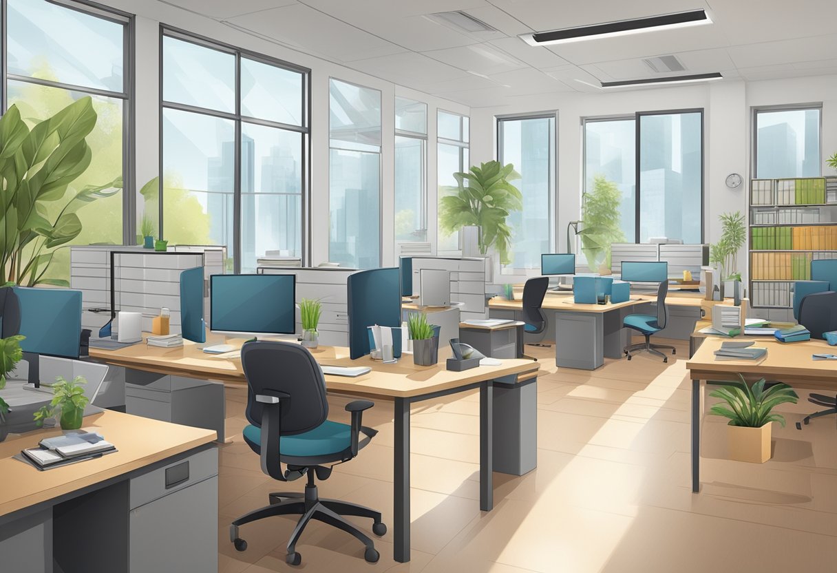 A clean, organized office space with supplies and equipment neatly arranged, showing the importance of professional cleaning services for a productive work environment