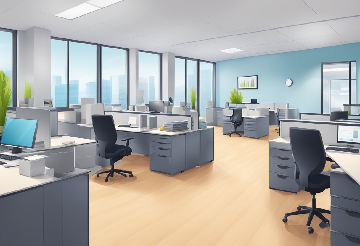 An office space with desks, computers, and filing cabinets being cleaned by a professional cleaning provider