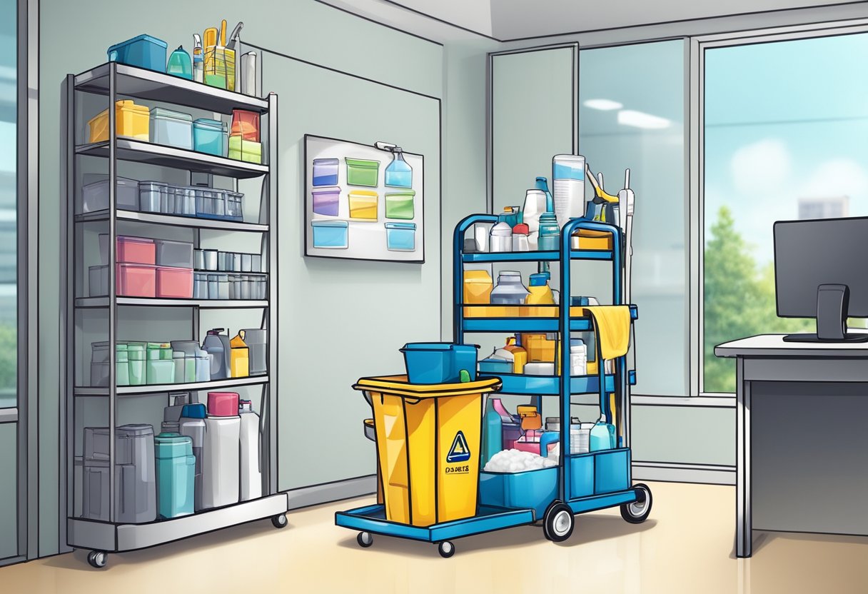 A janitorial cart stocked with cleaning supplies stands in a tidy office space, symbolizing the efficient and productive investment in professional office cleaning services