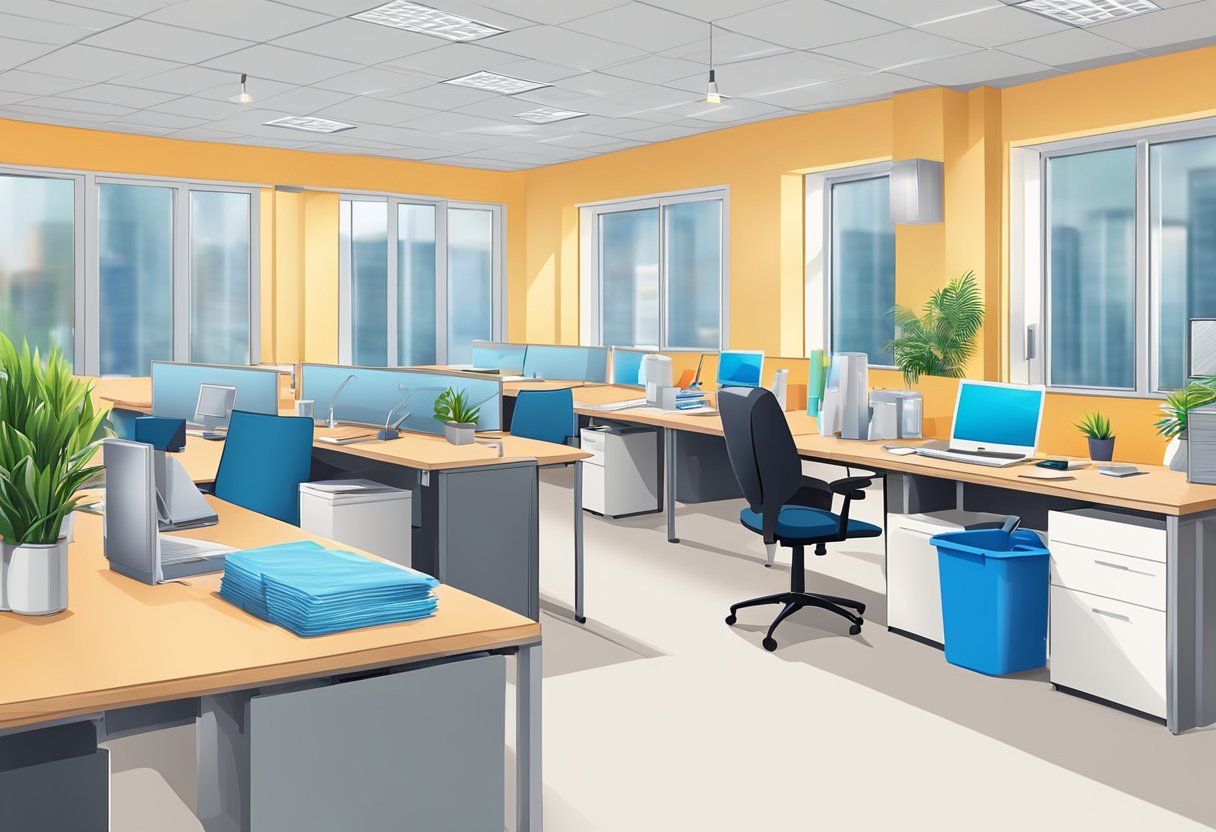 An office space with cleaning supplies and equipment being used by a service provider