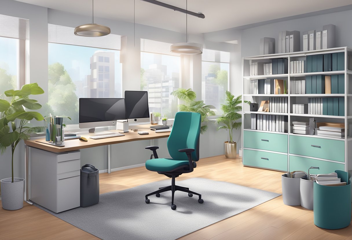 A clean and organized office space with modern furniture and equipment, showcasing the efficiency and productivity of a professional cleaning service provider