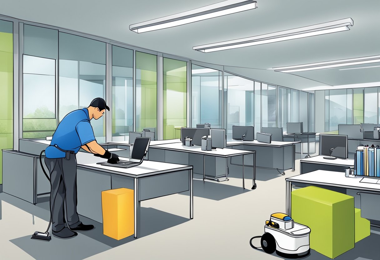 A janitorial worker cleaning an office space with professional equipment, while receiving positive feedback from the client