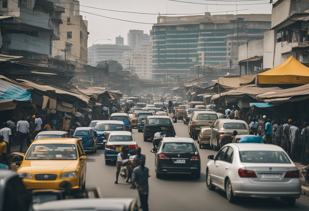 The bustling streets of Riches, Lagos, with government buildings and busy citizens