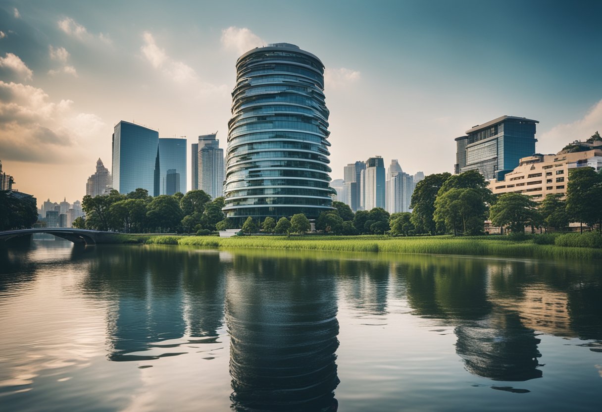 A bustling cityscape with modern buildings and well-maintained infrastructure, surrounded by lush greenery and a river flowing through the center