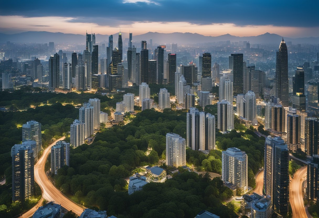 A bustling city skyline with modern skyscrapers and a thriving business district, surrounded by lush green landscapes and high-end residential areas