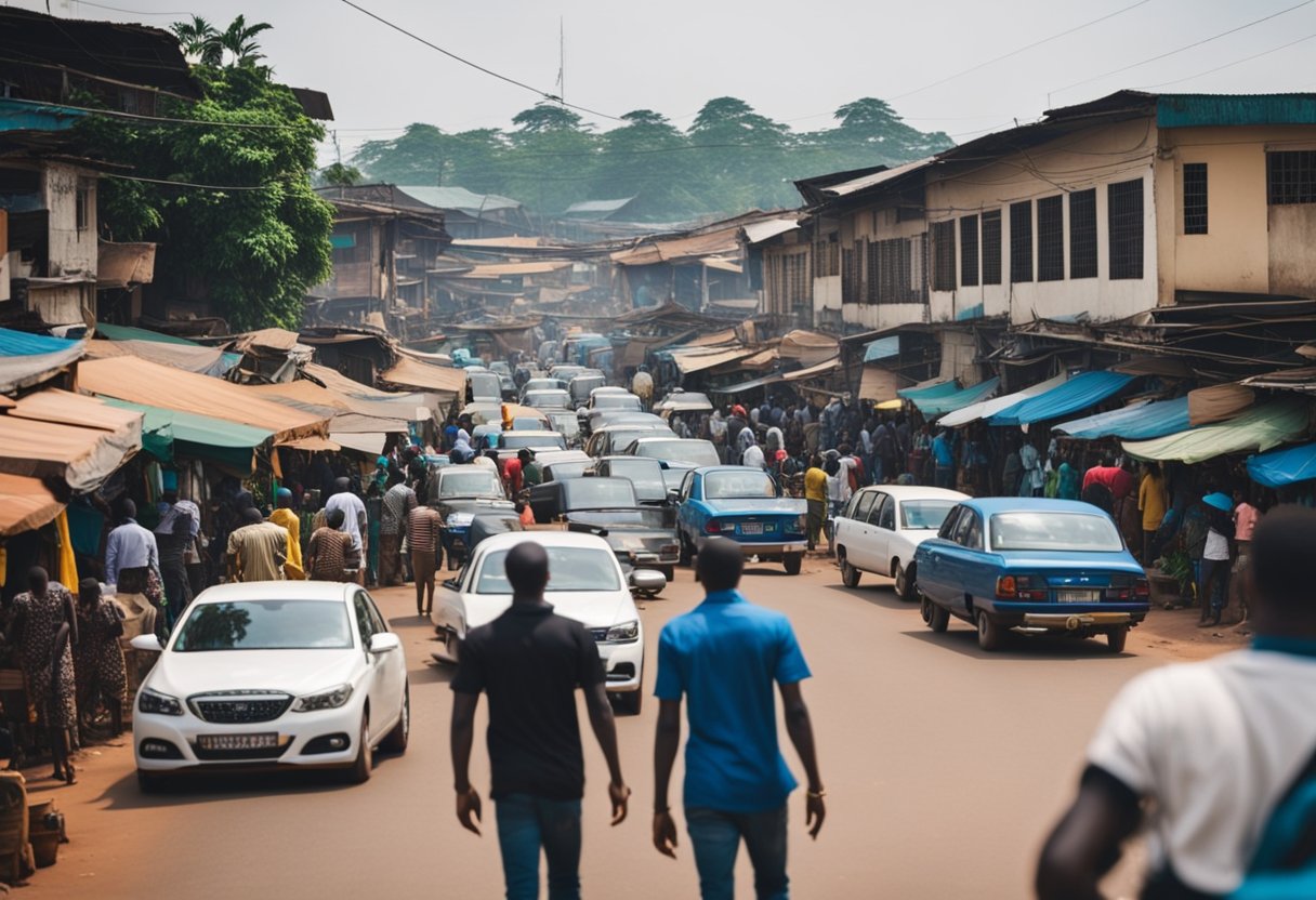 The bustling streets of the wealthiest local government in Anambra State, with modern buildings and vibrant market activities