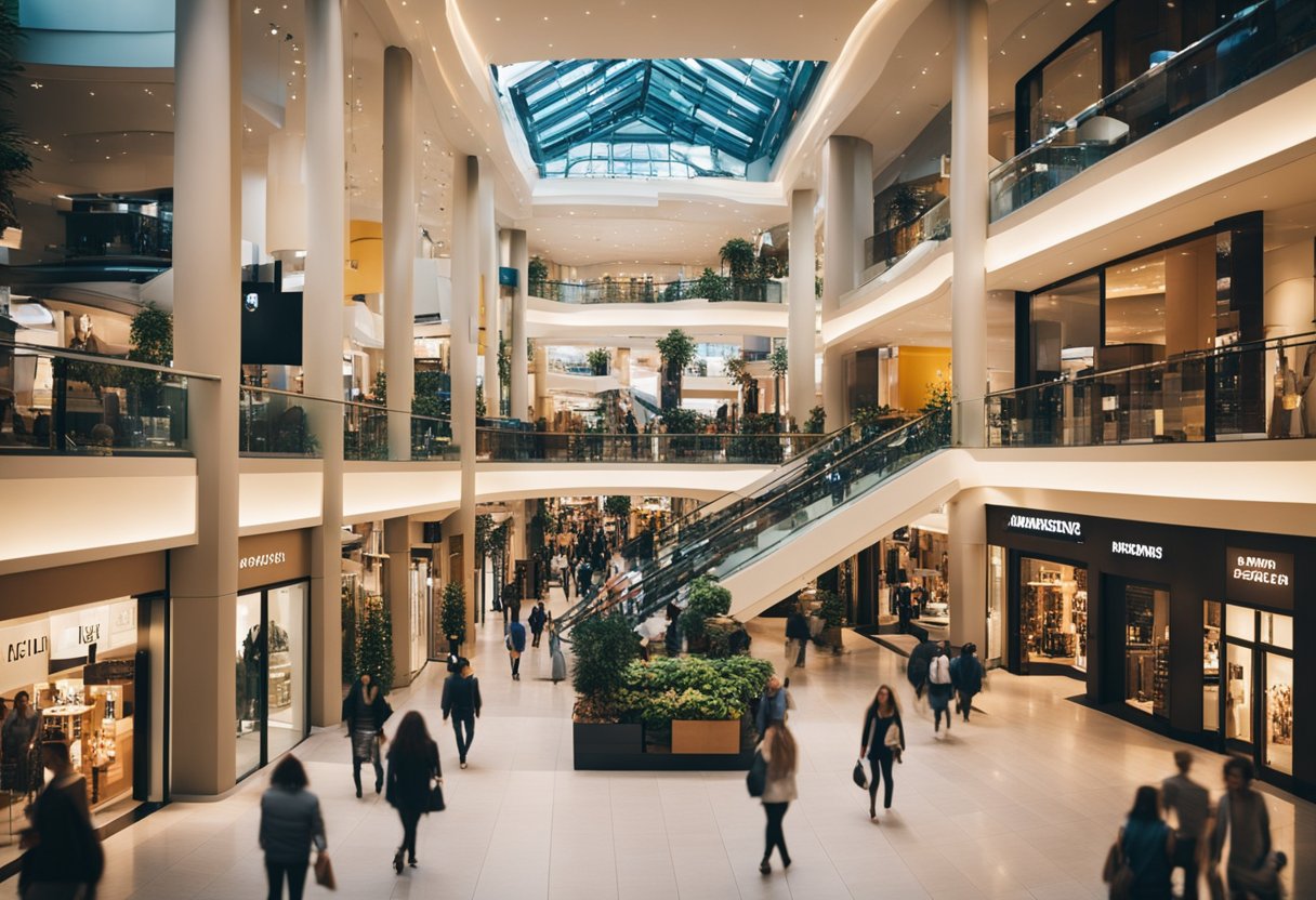 A bustling shopping mall with colorful displays of American fashion brands and shoppers browsing for the latest trends