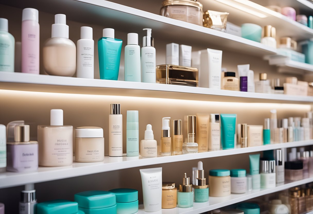 A shelf filled with various beauty and personal care products, including skincare, makeup, and haircare items, all neatly organized and displayed in a brightly lit store