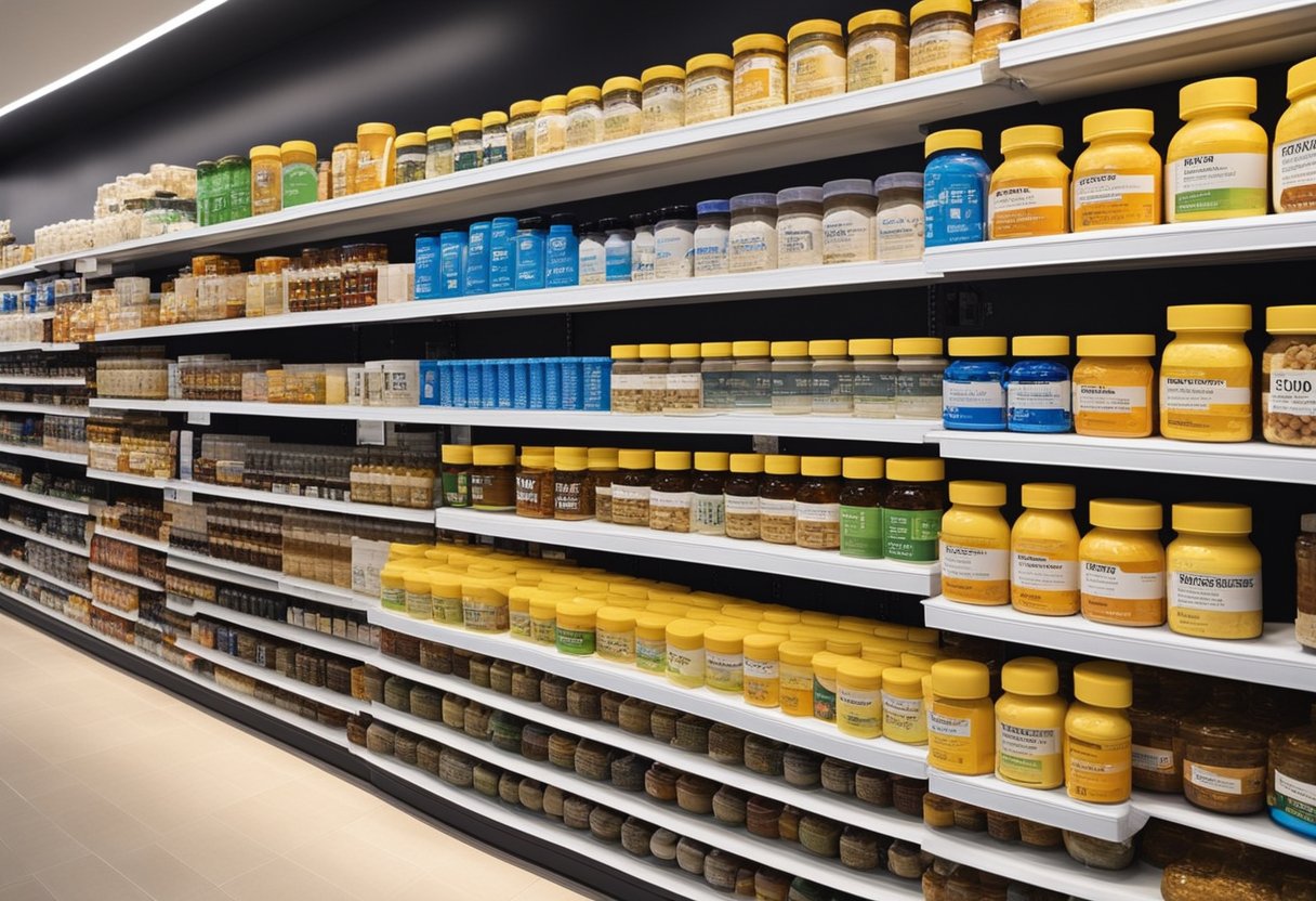 A variety of supplements and vitamins displayed on shelves in a brightly lit store in the USA